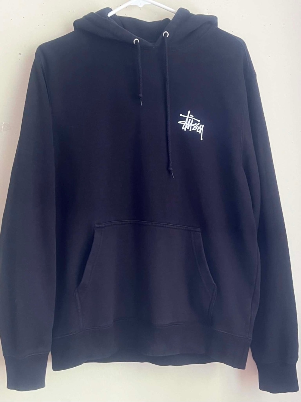 Stussy Black Hoodie with White Chest Script Logo